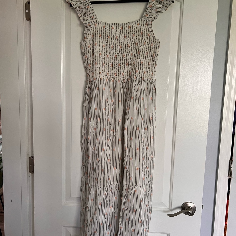 LOFT Clip Stripe Smocked Ruffle Midi Dress